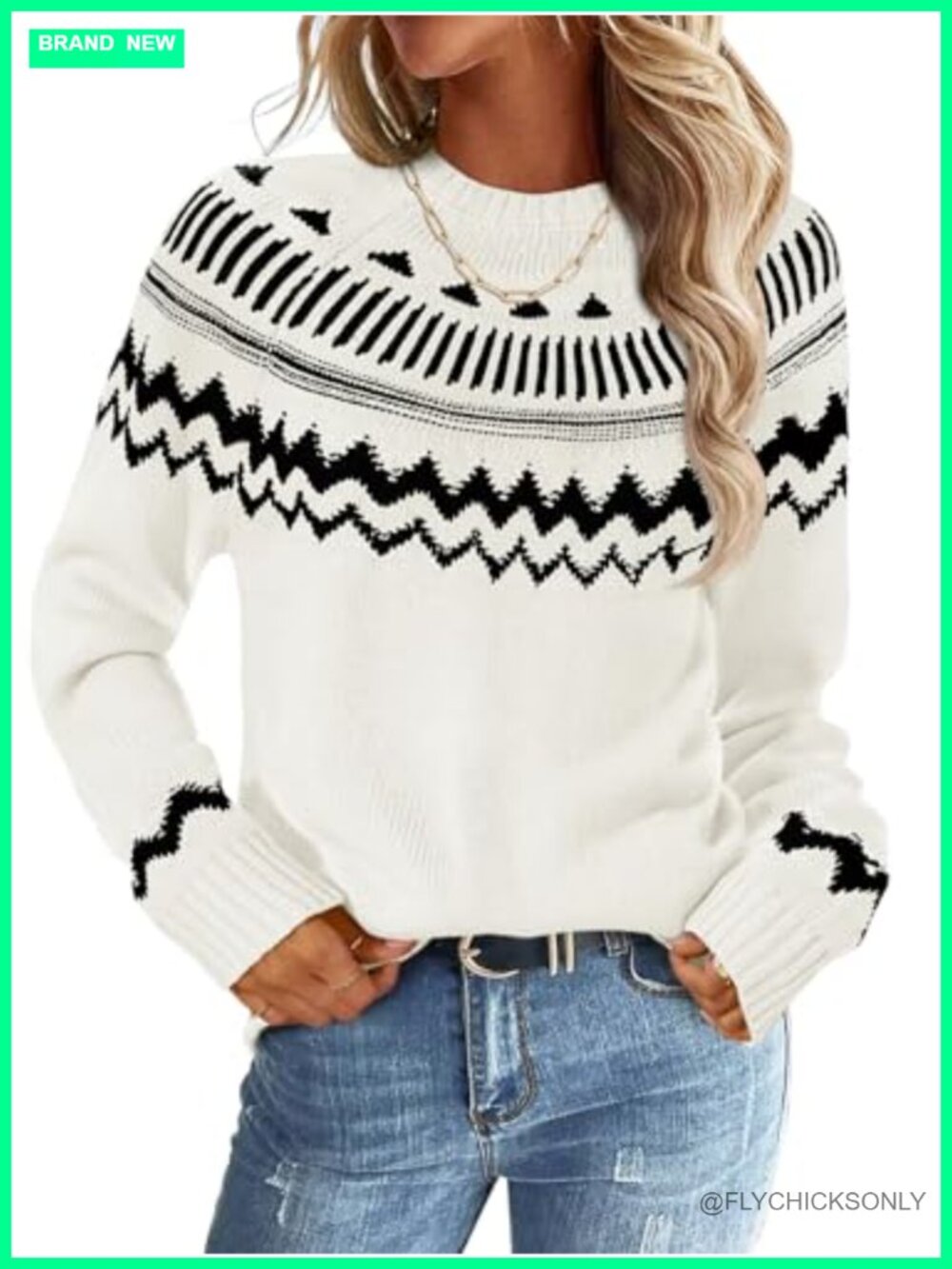 Fair Isle Argyle Knit Pullover Sweater Loose Fit Raglan Sleeve Crew Neck